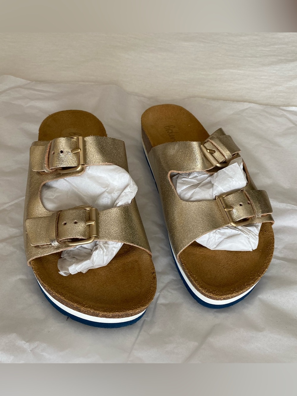 Boden Metallic Gold Double-Buckle Slide Sandals